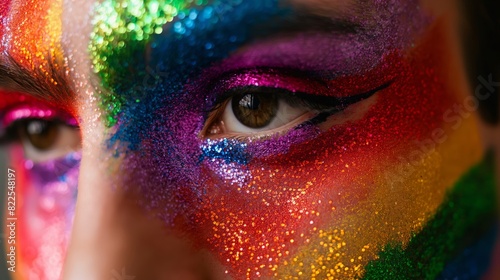 person s face with rainbow makeup and glitter  radiating confidence and pride in their LGBTQ identity