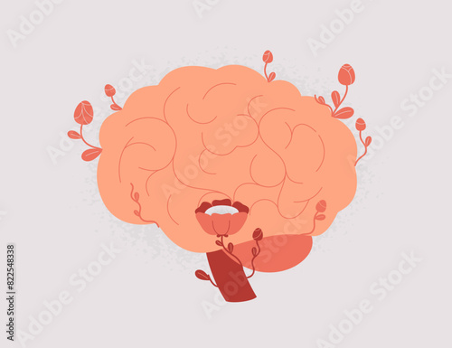 Healthy human brain in bloom. Good cognitive function: Ability to think, learn, and remember clearly and effectively. Mental well being concept. Vector illustration