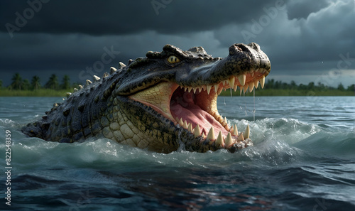 An angry crocodile leaps out of murky water  against a dark rainy sky