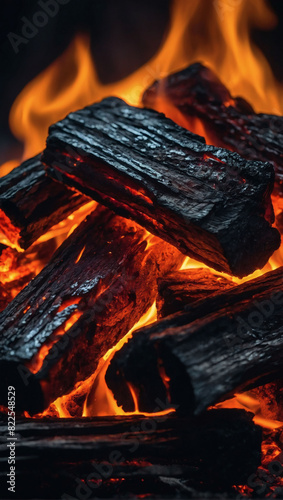 Fiery flames and glowing embers on dark background, up close.