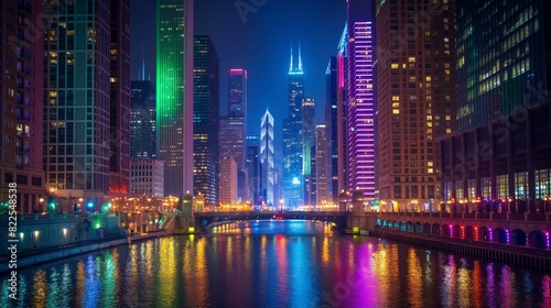 A nighttime cityscape illuminated with rainbow-colored lights on buildings, highlighting the celebration of LGBTQ pridd