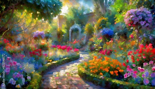 A picturesque garden bursting with colorful blooms nestled among sculpted shrubbery.