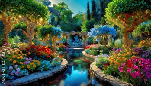 A picturesque garden bursting with colorful blooms nestled among sculpted shrubbery. photo