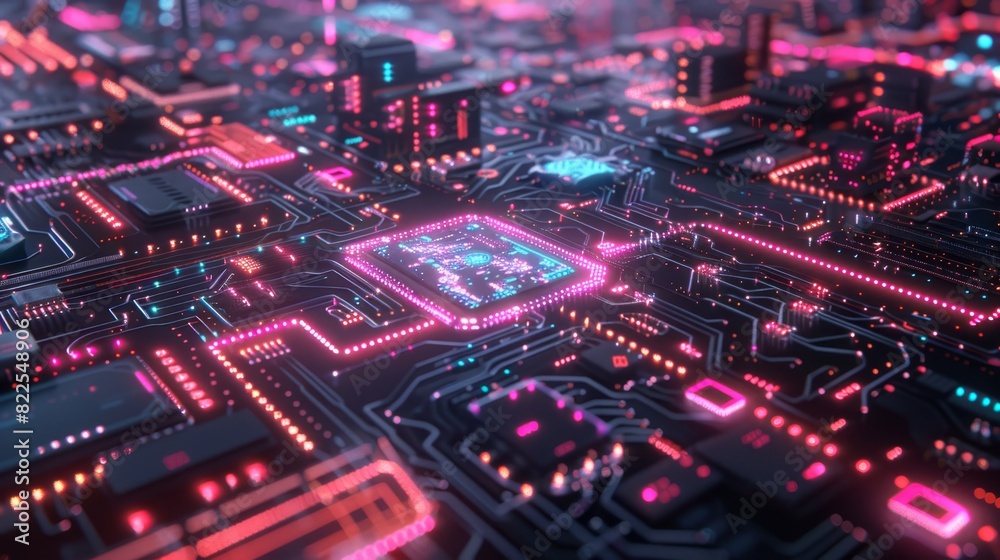  A tight shot of a circuit board showcases an array of pink and blue LEDs in its heart, interspersed with smaller pink and blue LEDs