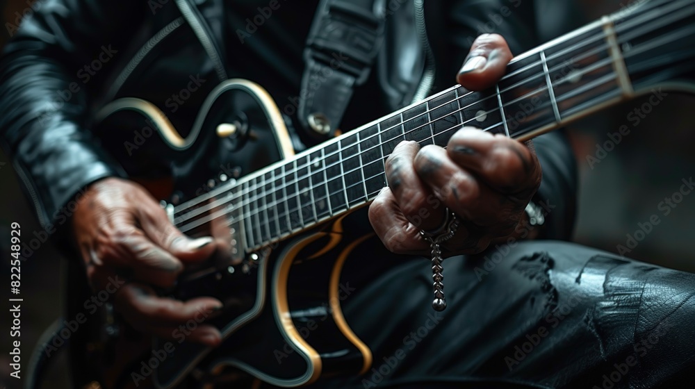 A musician's hand captured mid-action while playing a major chord on a guitar, highlighting the technique and precision