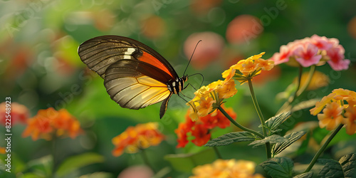 Nature's Canvas: A vibrant butterfly gracefully glides above a bed of colorful flowers, its wings reflecting the radiant hues below. In the background, a serene meadow stretches out © Lila Patel