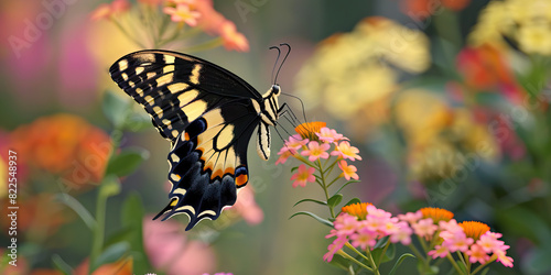 A butterfly flutters delicately through the air  its wings reflecting the vibrant colors of the flowers it hovers abovew
