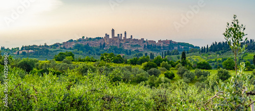 Medieval San Gimignano hill town with skyline of medieval towers, including the stone Torre Grossa. Province of Siena, Tuscany, Italy. photo