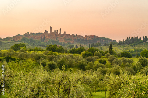 Medieval San Gimignano hill town with skyline of medieval towers, including the stone Torre Grossa. Province of Siena, Tuscany, Italy. photo