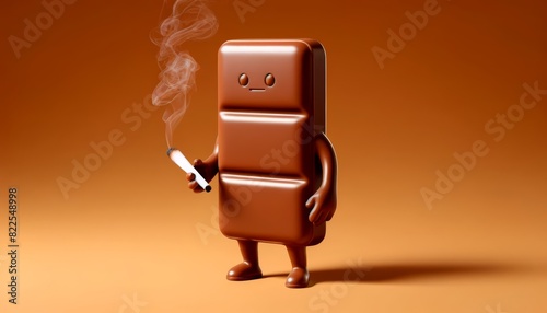 Chocolate as a character on a plain background smokes a joint.