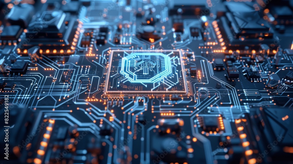 Intricate microchip circuit board with glowing blue and orange connections, captured in a high-tech lab during the evening. Quantum Computers concept Intricate microchip circuit board with glowing blue and orange connections, captured in a high-tech lab during the evening. Quantum Computers concept