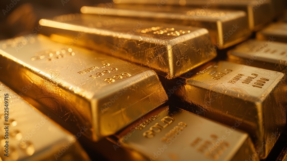 A close-up, lifelike depiction of gold bars stacked neatly, with fine details highlighting their weight and value A close-up, lifelike depiction of gold bars stacked neatly, with fine details highlighting their weight and value