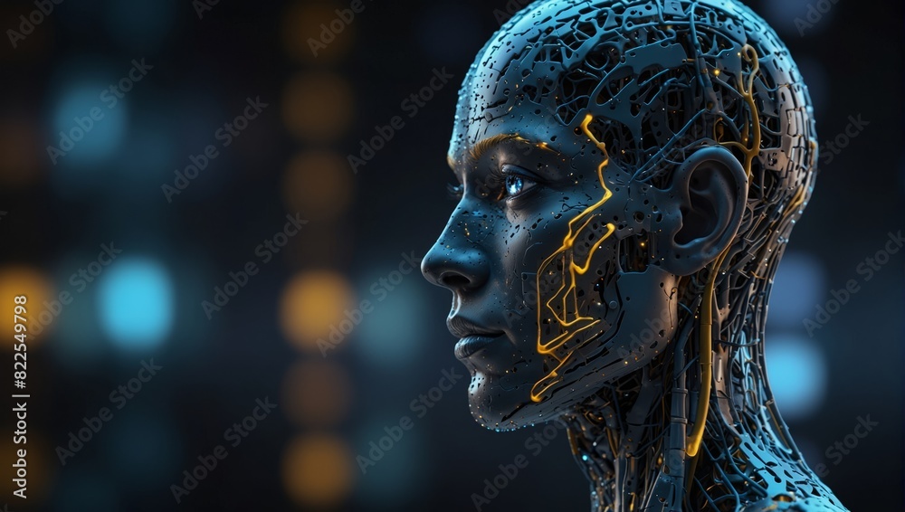 Side view of a humanoid head with blue and yellow eyes and vibrant neon neural network, representing futuristic technology and artificial intelligence.
