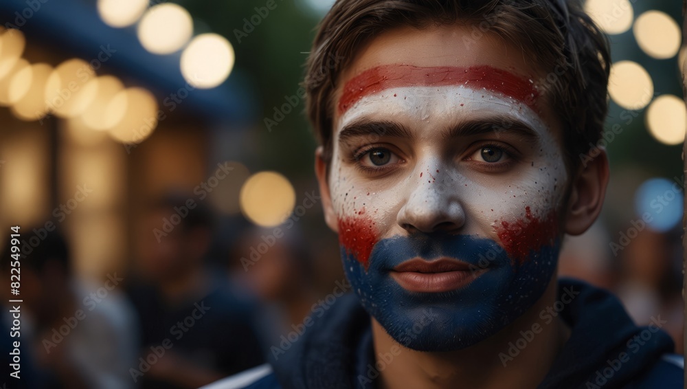 portrait of a happy person wearing france flag face paint. portrait of a happy person wearing france flag face paint.