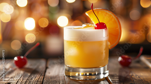 Whiskey Sour: A smooth Whiskey Sour in a rocks glass, garnished with a maraschino cherry and an orange slice, set against a rustic bar backdrop. photo