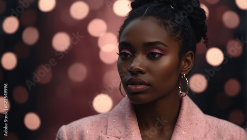 Fashion portrait. Black woman wearing pink high fashion clothing. photo