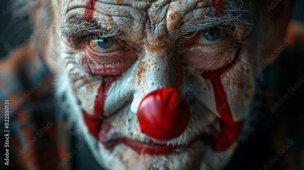 A detailed image of a clown smiling mask juxtaposed with the face of an older man, capturing the contrast between the mask's cheerfulness and the man's wisdom A detailed image of a clown smiling mask juxtaposed with the face of an older man, capturing the contrast between the mask's cheerfulness and the man's wisdom