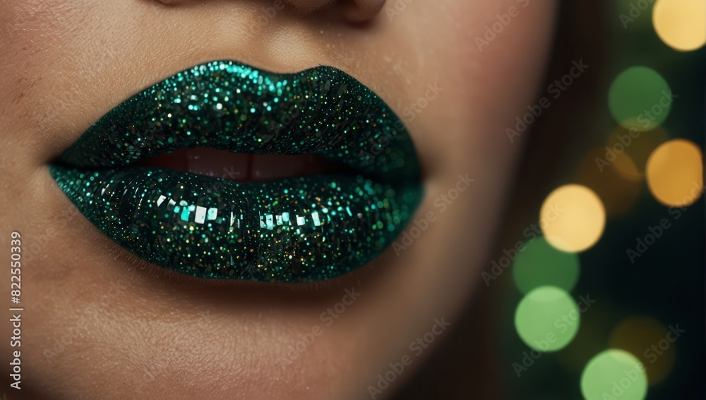 Close up of halloween dark green glitter sparkling lips.