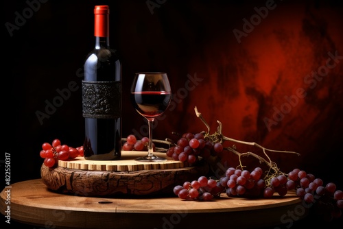 Classic wine presentation with a bottle and glass of red wine beside ripe grapes against a moody backdrop