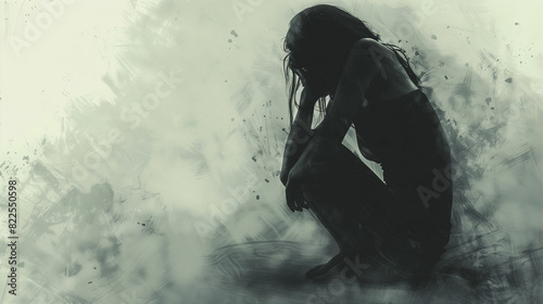 Painting abstract artistic representation of mental health problems, image of a person in despair and isolation, head in hands, black, white, grey colour palette, landscape format 16:9 with copy space photo