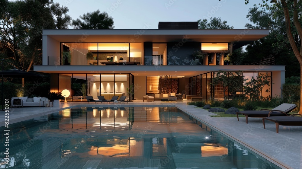 Fototapeta premium An elegant modern house featuring a minimalist design, with a serene reflective pool illuminated by soft evening lights
