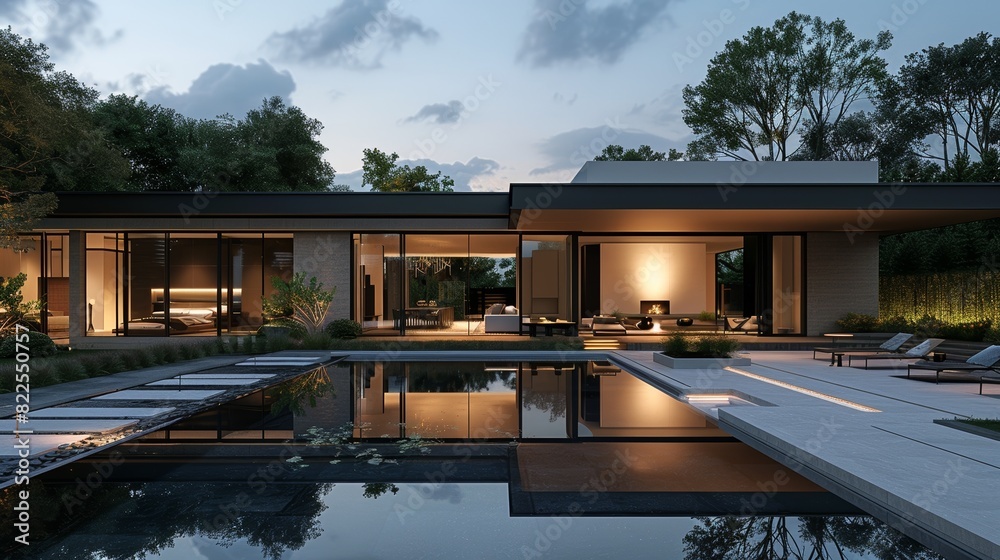 Fototapeta premium A high-end minimalist home with clean lines and a tranquil pool reflecting the warm glow of the evening sky