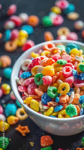 Bowl of cereal cereal with colorful cereal rings, sugary food background 