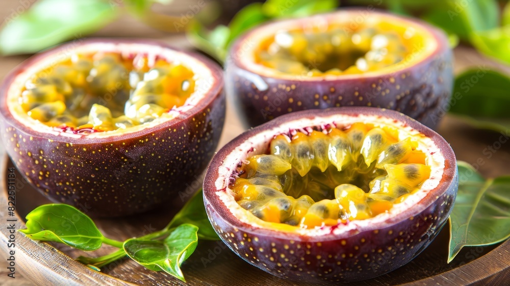 Colorful passion fruits in wooden bowls at botanical garden cafe warehouse tropical oasis vibe Colorful passion fruits in wooden bowls at botanical garden cafe warehouse tropical oasis vibe