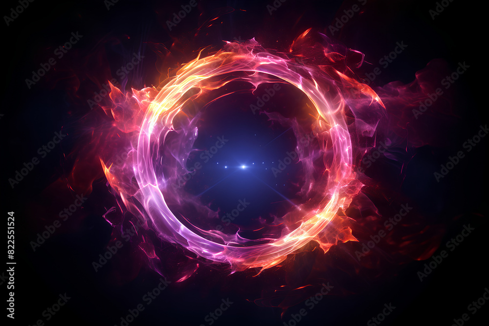 Obraz premium Abstract neon energy sphere of particles and waves of magical glowing on a dark background, circle and loop frames with magic purple and pink flame and sparks isolated on transparent 