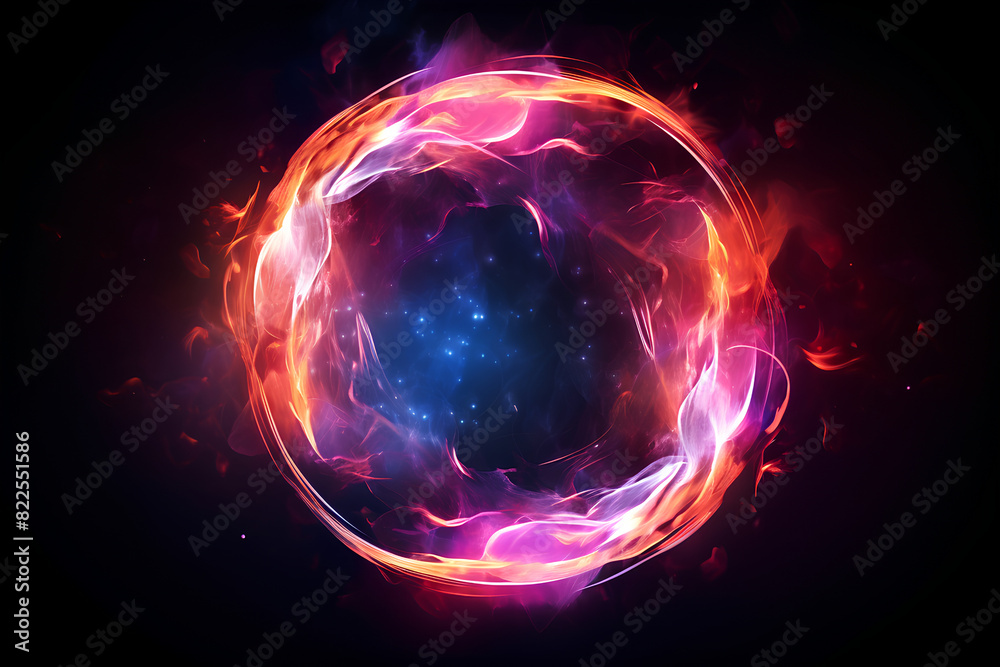 Obraz premium Abstract neon energy sphere of particles and waves of magical glowing on a dark background, circle and loop frames with magic purple and pink flame and sparks isolated on transparent 