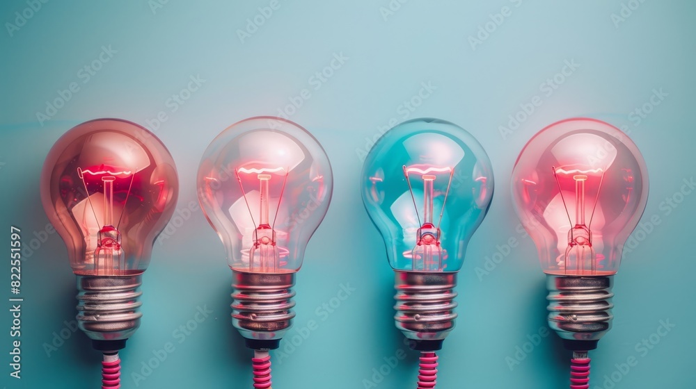 Three light bulbs - one blue and pink, another blue, and a red bulb with a pink cord - sit on a blue and pink wall Three light bulbs - one blue and pink, another blue, and a red bulb with a pink cord - sit on a blue and pink wall