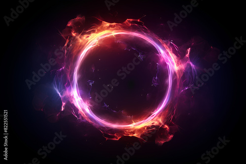 Abstract neon energy sphere of particles and waves of magical glowing on a dark background, circle and loop frames with magic purple and pink flame and sparks isolated on transparent
