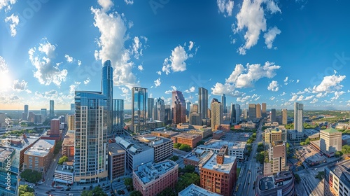 A panoramic view of a bustling city with towering buildings and sleek skyscrapers, highlighting urban architecture and business hubs