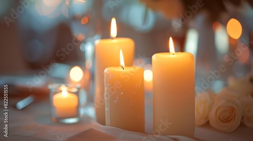 Flickering candles give a soft warm glow to the tables and create an inviting atmosphere.
