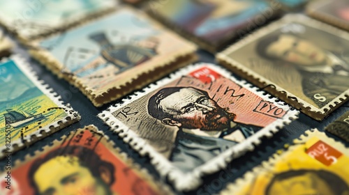 Close-up of themed stamps featuring renowned paintings and art.