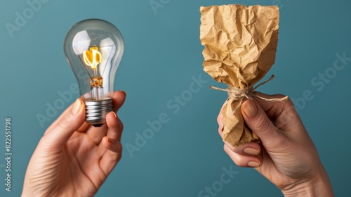  A person holds one lightbulb with a drawn-on image of another on a paper The second lightbulb is swathed in brown paper, secured with a knot photo