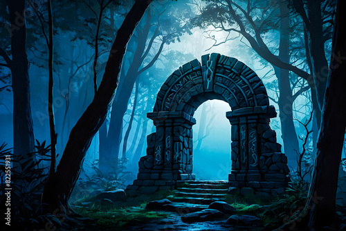  vector arA mysterious stone archway hidden amidst the trees of a mystical forest, its ancient runes glowing faintly in the eerie blue light of the fog vector art illustration generative AI image.