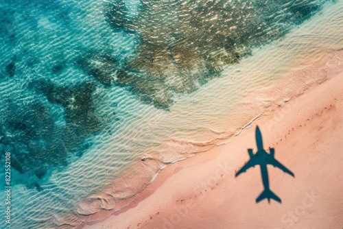 Beach with palm trees on the shore in the style of birds-eye-view. Turquoise and white plane view on beach. Beautiful simple AI generated image in 4K, unique.