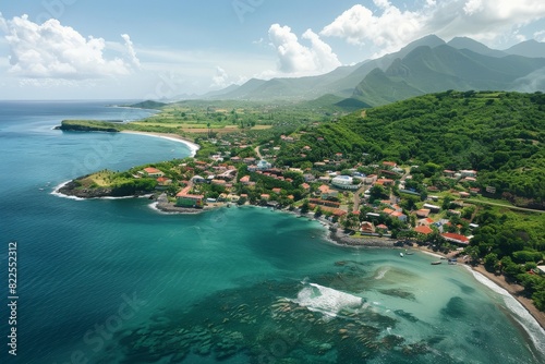 Beach with palm trees on the shore in the style of birds-eye-view. Turquoise and white plane view on beach. Beautiful simple AI generated image in 4K, unique. photo