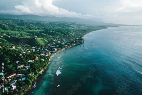 Beach with palm trees on the shore in the style of birds-eye-view. Turquoise and white plane view on beach. Beautiful simple AI generated image in 4K  unique.