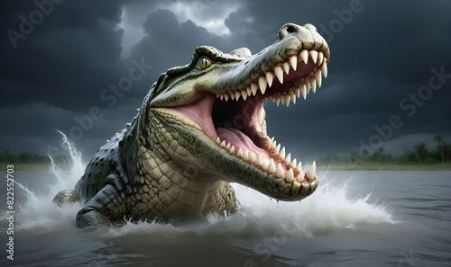 An angry crocodile leaps out of murky water, against a dark rainy sky