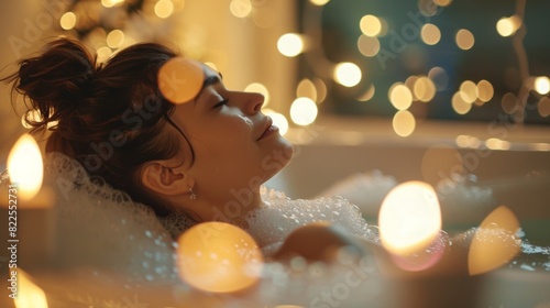 A woman takes a calming bath surrounded by bubbles and scented candles. She uses this time to relax and unwind letting go of tension in her muscles and mind.