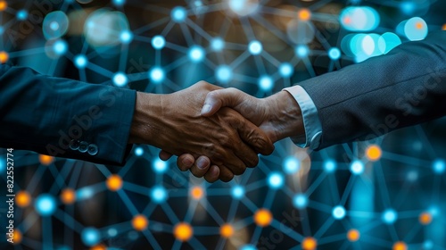 A handshake between two business professionals with blockchain technology symbols overlayed, ensuring secure transactions