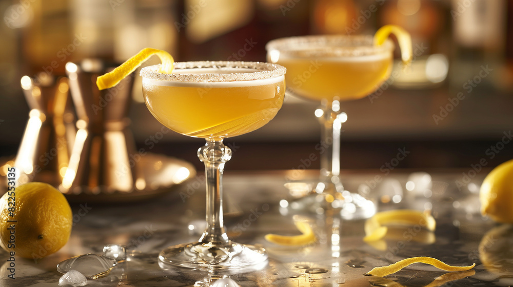 Sidecar: A classic sidecar in a coupe glass, with a sugared rim and a lemon twist, set against a sophisticated bar backdrop. Sidecar: A classic sidecar in a coupe glass, with a sugared rim and a lemon twist, set against a sophisticated bar backdrop.