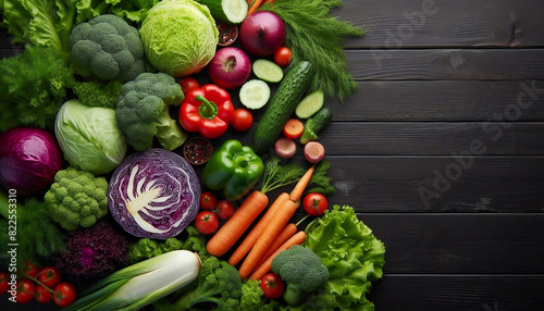 The image depicts a vibrant assortment of fresh vegetables arranged on a dark surface. 