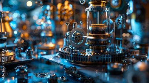 A detailed close up of a complex machine with numerous interconnected gears  showing precision engineering in action  quantum computers concept