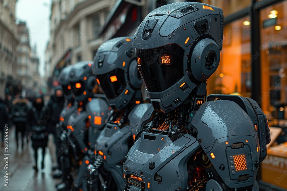 Fototapeta premium Group of Robots Walking Down a Street