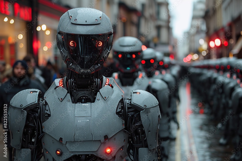 Fototapeta premium Group of Robots Walking Down a Street