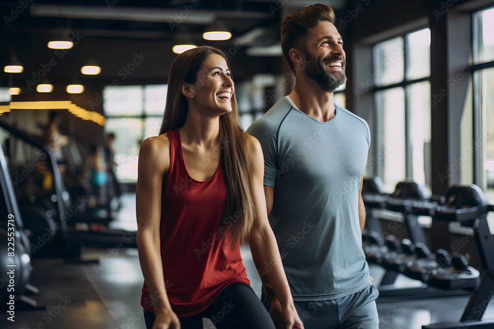 Fototapeta premium Happy athletic couple exercising with hand weights in lunge position in gym.