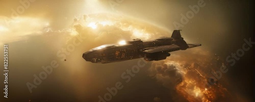 High quality anamorphic 4K AI-generated shot of space jet with dramatic explosion effects against sunset sky. Hyperrealistic CGI with perfect particle simulation and atmospheric lighting